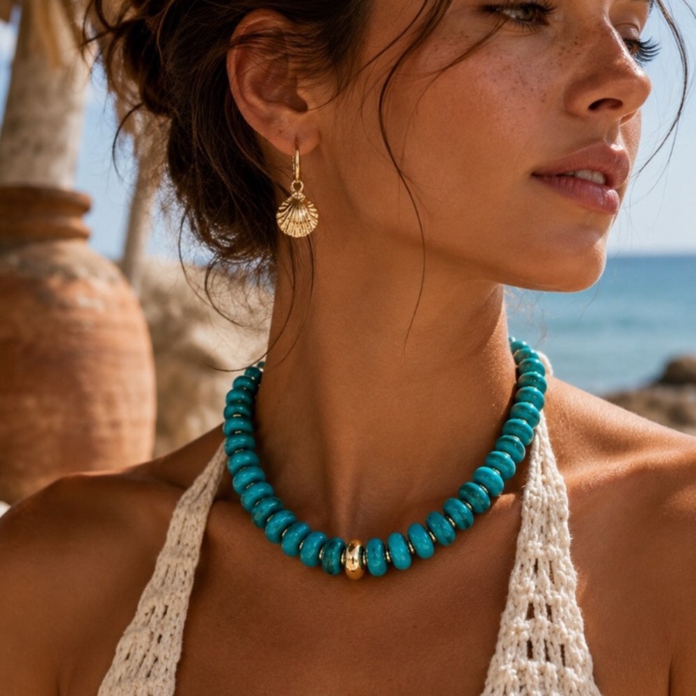 New!  Beaded Turquoise and Gold Necklace